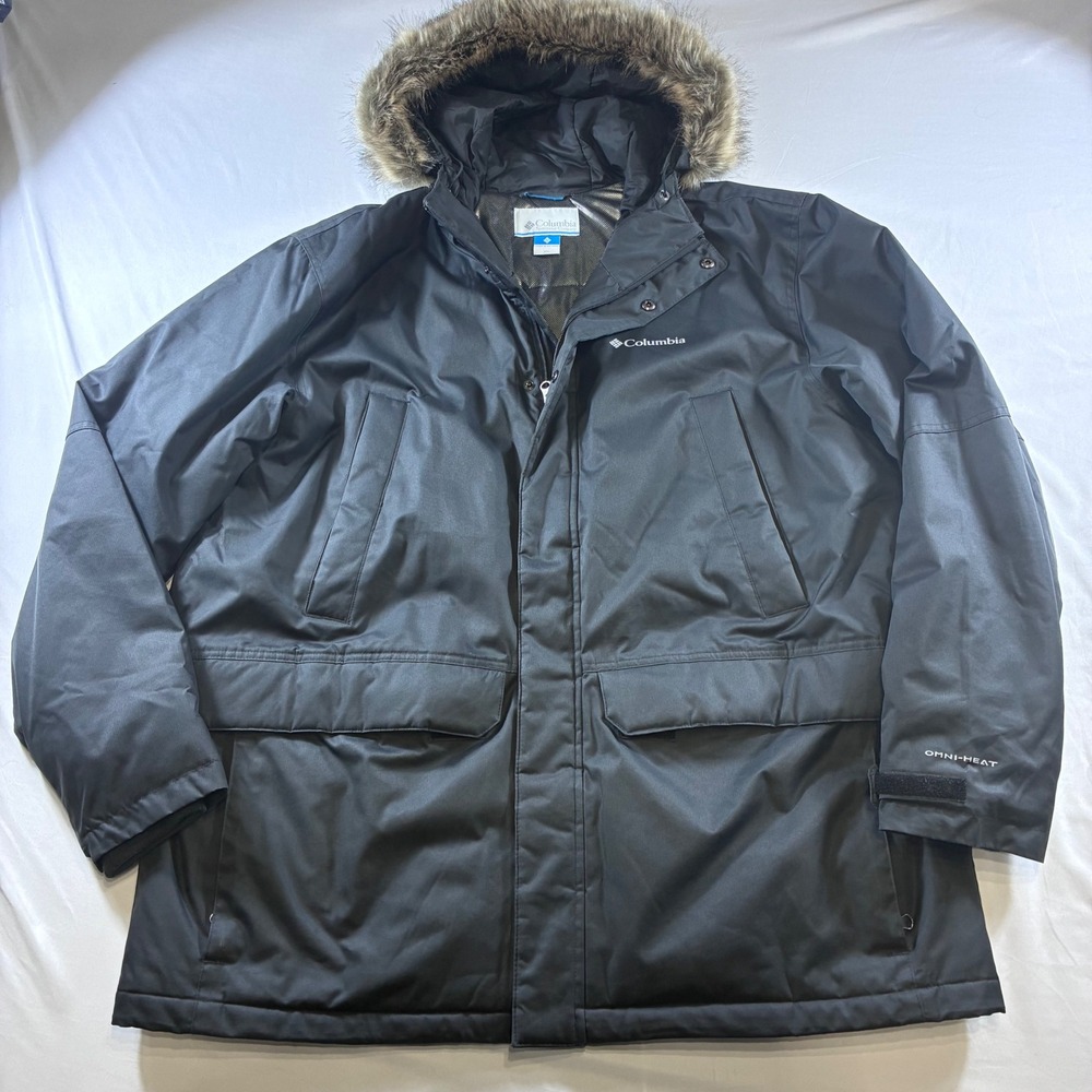 Columbia Omni-Heat Winter Parka Black Faux Fur Hood Jacket Mens XXL WM0945